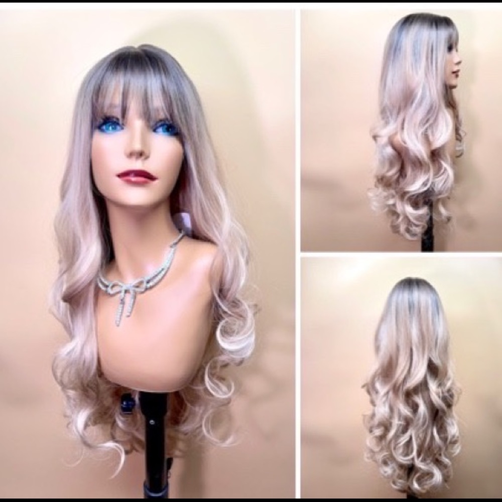 5213/ 26” Ombre brown root blond highlight long loose wavy synthetic wig